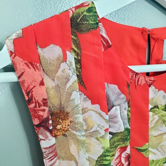 ASOS Dress Womens Petite Size 2 Red Floral Mesh Insert Fit and Flare Midi New - Picture 6 of 14